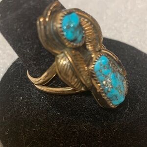 Navajo Turquoise and 12k gf Gold Leaf Ring - Vintage Size 6.5